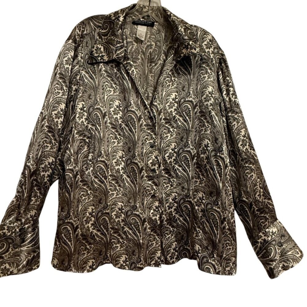 Jones New York Button Up Grey‎ Paisley Blouse SZ 20W Silk Formal Career